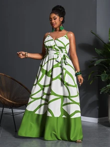 Veslaya 2026 Plus Size Women Tropical Plant Print Sleeveless Dress, Vacation - Green - View 6