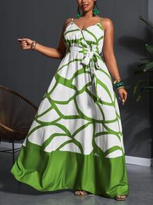 Veslaya 2026 Plus Size Women Tropical Plant Print Sleeveless Dress, Vacation - Green - View 5