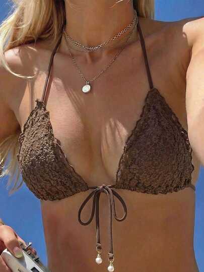SHEIN Swim Women's Summer New Beach Vacation Cute Floral Tie Strap Triangle Bikini Top, Sexy Backless Swimwear With Mesh Fabric