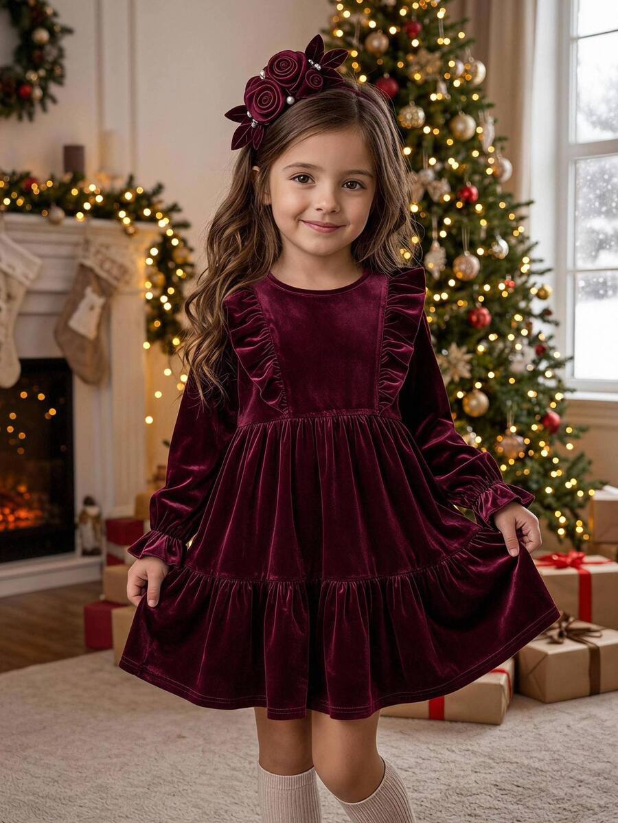 Young Girl Young Girl Young Girl Young Girl Solid Color Soft Knit Round Neck Ruffle Long Sleeve Waist-Cinching Dress - Burgundy - View 1