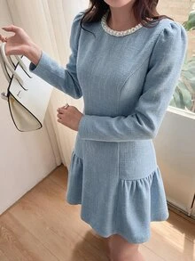 Feyla Women's Sweet Rhinestone Contrast Color Pleated Long Sleeve Dress - Blue - View 4