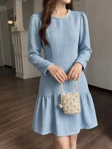 Feyla Women's Sweet Rhinestone Contrast Color Pleated Long Sleeve Dress - Blue - View 7