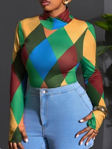 Veslaya 2026 New Spring Women's Cross Neck Printed Long Sleeve Slim Fit Top - Multicolor - View 5