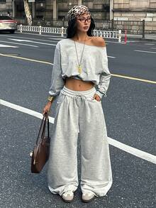 Coolane 女款秋季街頭風休閒外出基礎運動休閒風白色斑點灰色寬腿運動長褲，適合健身、跑步、運動、居家穿搭 - 淺灰色 - 查看 2
