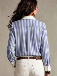 Selamara French Style Contrast Color Placket Lapel Blue & White Vertical Striped Long Sleeve Drapey Loose Blouse For Commute - Multicolor - View 2