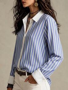 Selamara French Style Contrast Color Placket Lapel Blue & White Vertical Striped Long Sleeve Drapey Loose Blouse For Commute - Multicolor - View 3