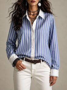 Selamara French Style Contrast Color Placket Lapel Blue & White Vertical Striped Long Sleeve Drapey Loose Blouse For Commute - Multicolor - View 4