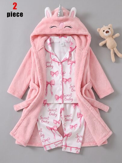 SHEIN Newborn Casual Cute Knitted Flannel Solid Color Hooded 3D Ear Long Sleeve Hat Smiling Face Embroidered Open Front Bathrobe With Belt Soft Comfortable Loungewear