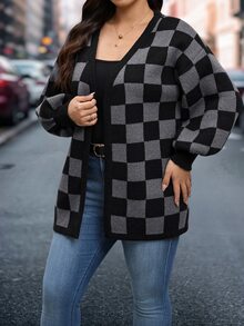SHEIN Clasi Sweater Kardigan Rajut Jacquard Motif Kotak-kotak Vintage Ukuran Besar, Musim Gugur/Dingin - Hitam - View 4