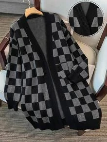 SHEIN Clasi Sweater Kardigan Rajut Jacquard Motif Kotak-kotak Vintage Ukuran Besar, Musim Gugur/Dingin - Hitam - View 7