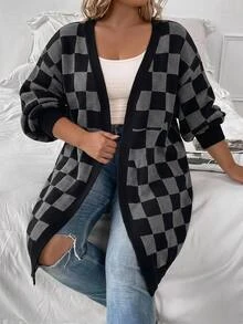 SHEIN Clasi Sweater Kardigan Rajut Jacquard Motif Kotak-kotak Vintage Ukuran Besar, Musim Gugur/Dingin - Hitam - View 8