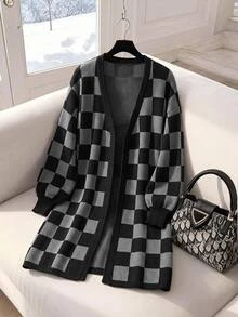 SHEIN Clasi Sweater Kardigan Rajut Jacquard Motif Kotak-kotak Vintage Ukuran Besar, Musim Gugur/Dingin - Hitam - View 9