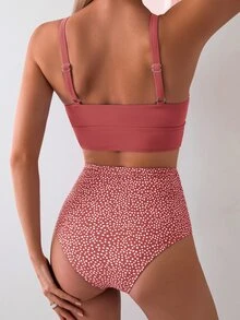 Swim Basics 纯色吊带上衣搭配圆点印花三角下装泳衣套装，适合海滩度假、夏季海滩 - 彩色 - 查看 2