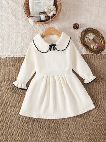 SHEIN 女童針織毛衣洋裝，幼兒嬰兒套頭式荷葉領杏色長袖毛衣洋裝，舒適適合秋冬，手工蝴蝶結，精緻優雅百搭時尚淑女風，適合日常穿著、外出與旅行 - 米色 - 查看 5