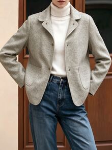 Flora Isola Flora Isola Women's Autumn/Winter Standard Size Oatmeal Wool Short Jacket With Small Lapel, Metal Buttons, Large Pockets, Loose Fit, Commuter Casual Overcoat - Apricot - View 4