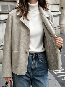 Flora Isola Flora Isola Women's Autumn/Winter Standard Size Oatmeal Wool Short Jacket With Small Lapel, Metal Buttons, Large Pockets, Loose Fit, Commuter Casual Overcoat - Apricot - View 7