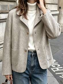 Flora Isola Flora Isola Women's Autumn/Winter Standard Size Oatmeal Wool Short Jacket With Small Lapel, Metal Buttons, Large Pockets, Loose Fit, Commuter Casual Overcoat - Apricot - View 5