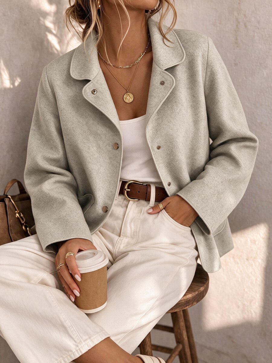 Flora Isola Flora Isola Women's Autumn/Winter Standard Size Oatmeal Wool Short Jacket With Small Lapel, Metal Buttons, Large Pockets, Loose Fit, Commuter Casual Overcoat - Apricot - View 1