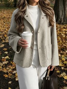 Flora Isola Flora Isola Women's Autumn/Winter Standard Size Oatmeal Wool Short Jacket With Small Lapel, Metal Buttons, Large Pockets, Loose Fit, Commuter Casual Overcoat - Apricot - View 2