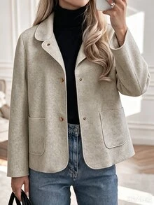Flora Isola Flora Isola Women's Autumn/Winter Standard Size Oatmeal Wool Short Jacket With Small Lapel, Metal Buttons, Large Pockets, Loose Fit, Commuter Casual Overcoat - Apricot - View 6