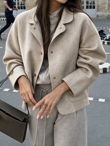 Flora Isola Flora Isola Women's Autumn/Winter Standard Size Oatmeal Wool Short Jacket With Small Lapel, Metal Buttons, Large Pockets, Loose Fit, Commuter Casual Overcoat - Apricot - View 3