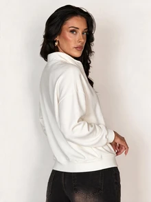 Glamine Solid Color Casual Half-Zip Stand Collar Colorblock Loose Fit Long Sleeve Sporty Sweatshirt - White - View 6