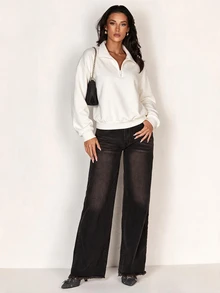 Glamine Solid Color Casual Half-Zip Stand Collar Colorblock Loose Fit Long Sleeve Sporty Sweatshirt - White - View 7