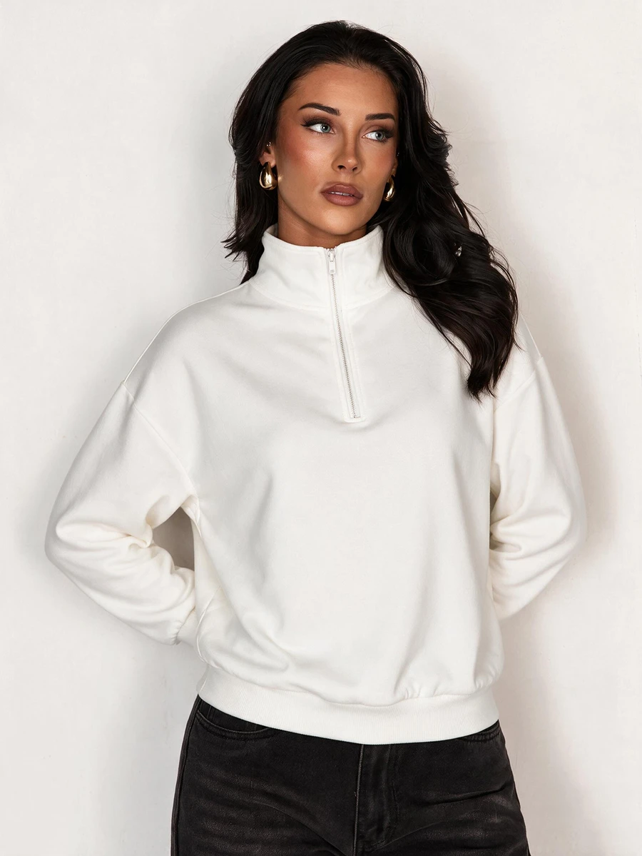 Glamine Solid Color Casual Half-Zip Stand Collar Colorblock Loose Fit Long Sleeve Sporty Sweatshirt - White - View 1
