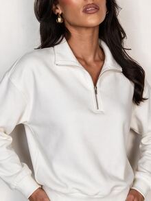 Glamine Solid Color Casual Half-Zip Stand Collar Colorblock Loose Fit Long Sleeve Sporty Sweatshirt - White - View 3