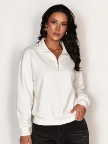 Glamine Solid Color Casual Half-Zip Stand Collar Colorblock Loose Fit Long Sleeve Sporty Sweatshirt - White - View 4