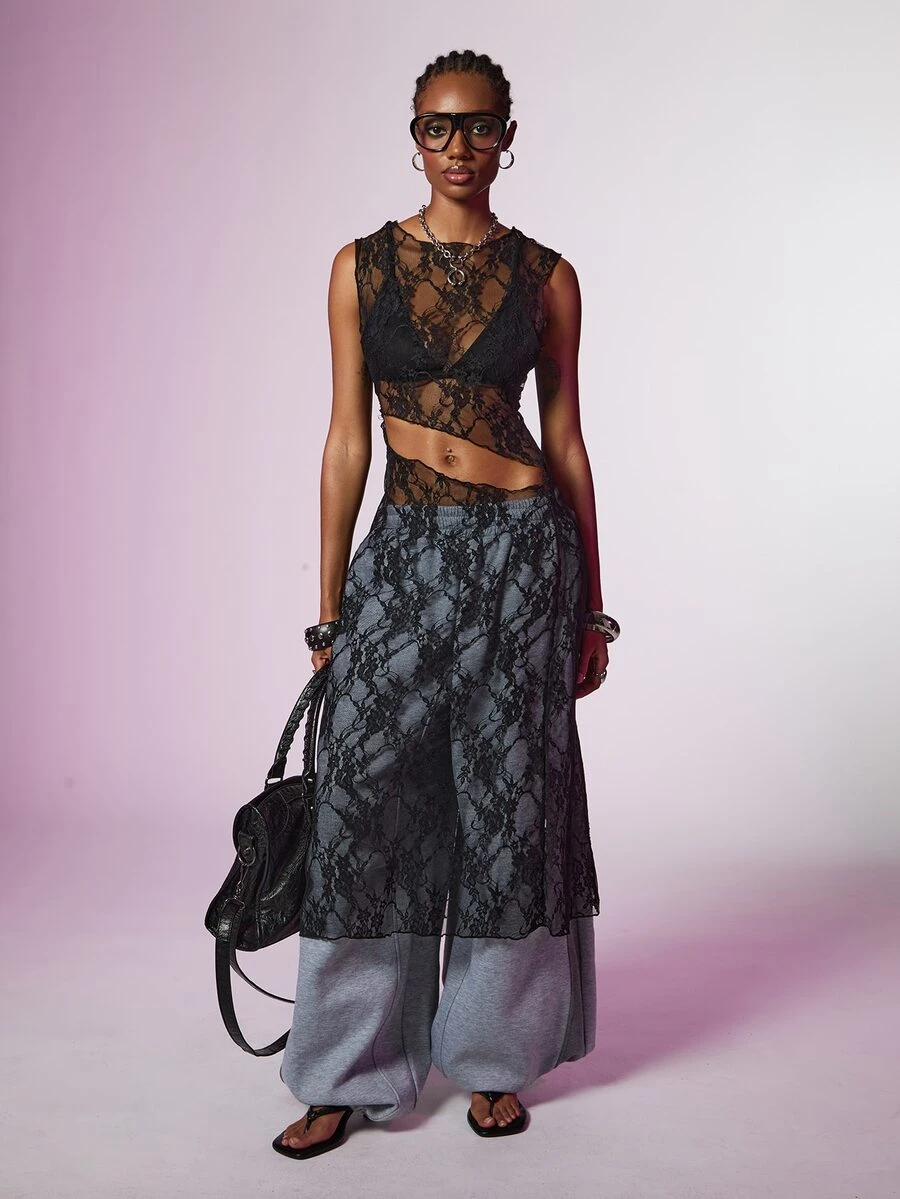 COUREZ Vestido midi de encaje con detalle de corte / Vestidos Y2K para ...