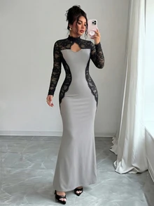 Penseblé Contrast Lace Cut Out Front Mermaid Hem Dress - Grey - View 8
