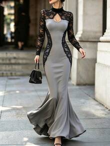 Penseblé Contrast Lace Cut Out Front Mermaid Hem Dress - Grey - View 2