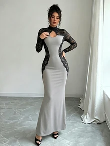 Penseblé Contrast Lace Cut Out Front Mermaid Hem Dress - Grey - View 7
