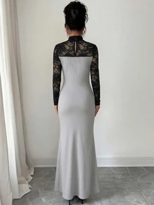 Penseblé Contrast Lace Cut Out Front Mermaid Hem Dress - Grey - View 3