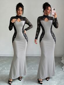 Penseblé Contrast Lace Cut Out Front Mermaid Hem Dress - Grey - View 6