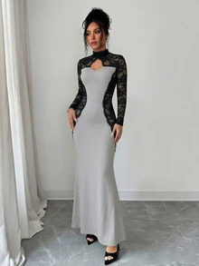 Penseblé Contrast Lace Cut Out Front Mermaid Hem Dress - Grey - View 5