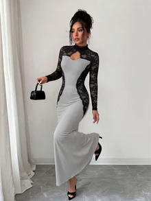 Penseblé Contrast Lace Cut Out Front Mermaid Hem Dress - Grey - View 9