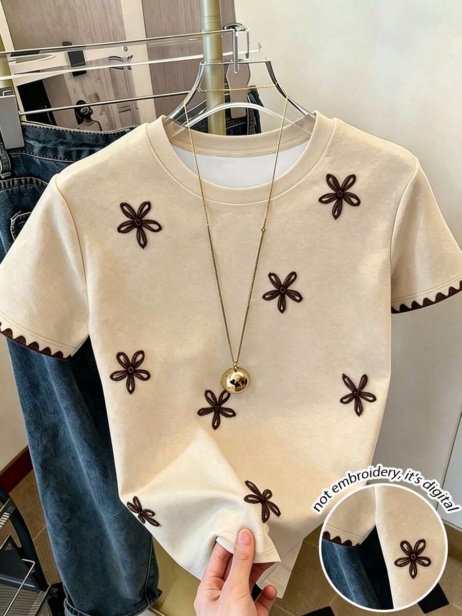 SHEIN [Printed Design] Women's Round Neck Contrast Trim Floral Pattern Casual Everyday Short Sleeve T-Shirt - Multicolor - View 1