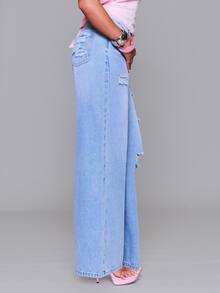MUSERA Distressed Ripped Low Rise Loose Baggy Fit Denim Jeans Autumn Fall Winter Daily Back To School Pink Pony - Blue - View 3