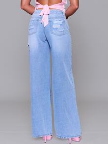 MUSERA Distressed Ripped Low Rise Loose Baggy Fit Denim Jeans Autumn Fall Winter Daily Back To School Pink Pony - Blue - View 4