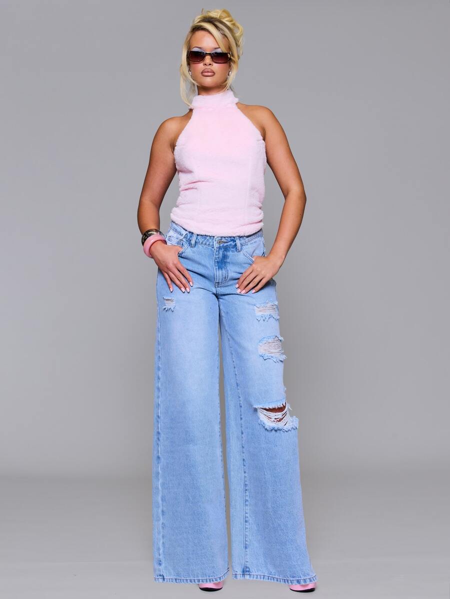 MUSERA Distressed Ripped Low Rise Loose Baggy Fit Denim Jeans Autumn Fall Winter Daily Back To School Pink Pony - Blue - View 1