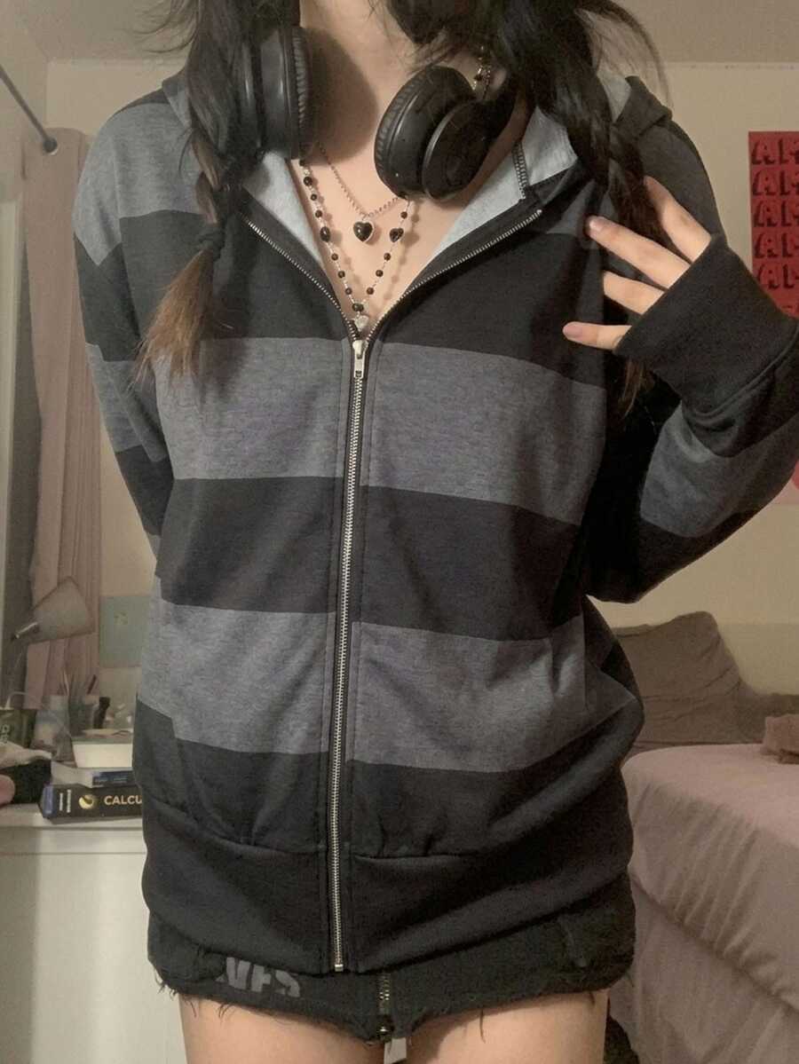 Attitoon Casual Minimalist Street Style Black & Gray Striped Thin Hooded Sweatshirt For Women, Suitable For Autumn/Winter - Multicolor - View 1