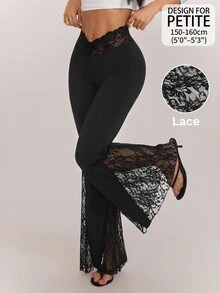SHEIN PETITE بنطلون أسود محبوك أنيق ومريح بقصة ضيقة وفتحة واسعة للنساء الصغيرات - مثالي للتنقل اليومي. - الأسود - مشاهدة 1