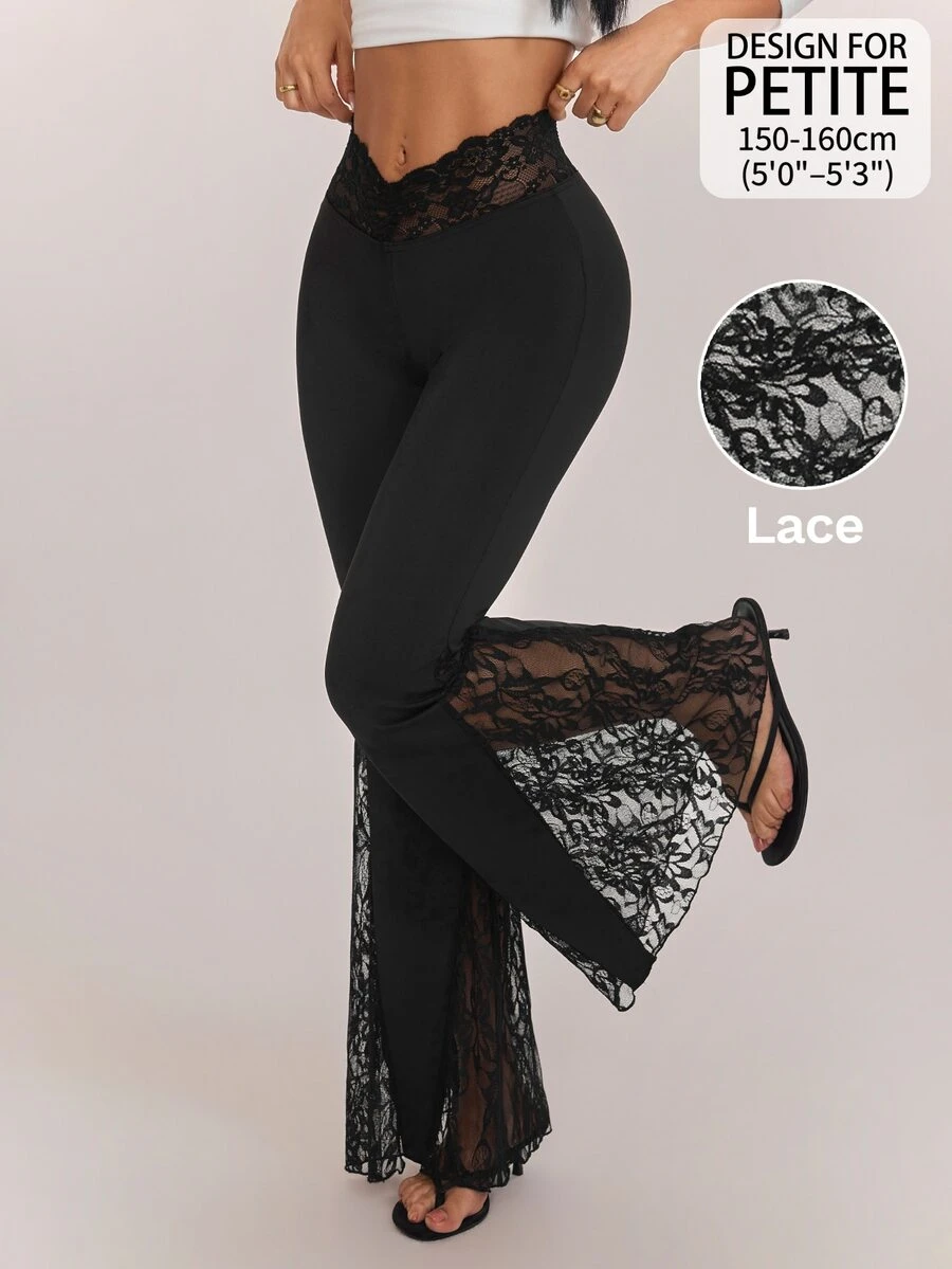 SHEIN PETITE بنطلون أسود محبوك أنيق ومريح بقصة ضيقة وفتحة واسعة للنساء الصغيرات - مثالي للتنقل اليومي. - الأسود - مشاهدة 1