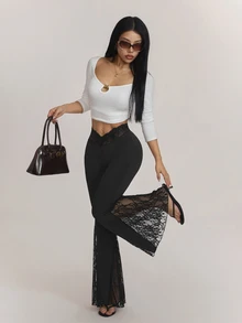 SHEIN PETITE بنطلون أسود محبوك أنيق ومريح بقصة ضيقة وفتحة واسعة للنساء الصغيرات - مثالي للتنقل اليومي. - الأسود - مشاهدة 5