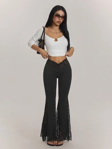 SHEIN PETITE بنطلون أسود محبوك أنيق ومريح بقصة ضيقة وفتحة واسعة للنساء الصغيرات - مثالي للتنقل اليومي. - الأسود - مشاهدة 6