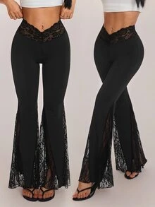SHEIN PETITE بنطلون أسود محبوك أنيق ومريح بقصة ضيقة وفتحة واسعة للنساء الصغيرات - مثالي للتنقل اليومي. - الأسود - مشاهدة 4