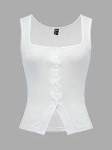 SHEIN Tank Top Rajut Putih Tanpa Lengan Model Prancis dengan Leher Persegi dan Belahan, Potongan Ramping, Desain Seksi, untuk Musim Panas - Putih - View 9