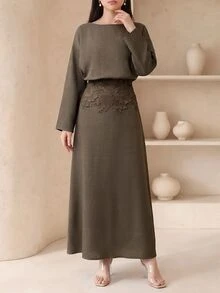 Veilorie Women's Elegant Lace Patchwork Dress - Olive Green - View 5